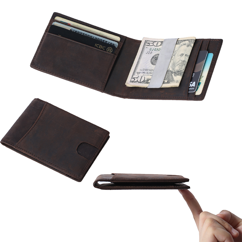 Wholesale Crazy Horse Leather Handmade Mini Men RFID Slim Wallet Card Holder Coin Wallet LT-BMM061