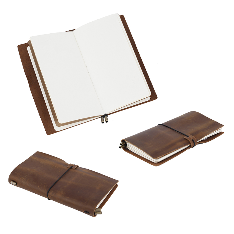 full grain genuine cow leather cover notebook travel journal with metal pen clip LT-BMJ018